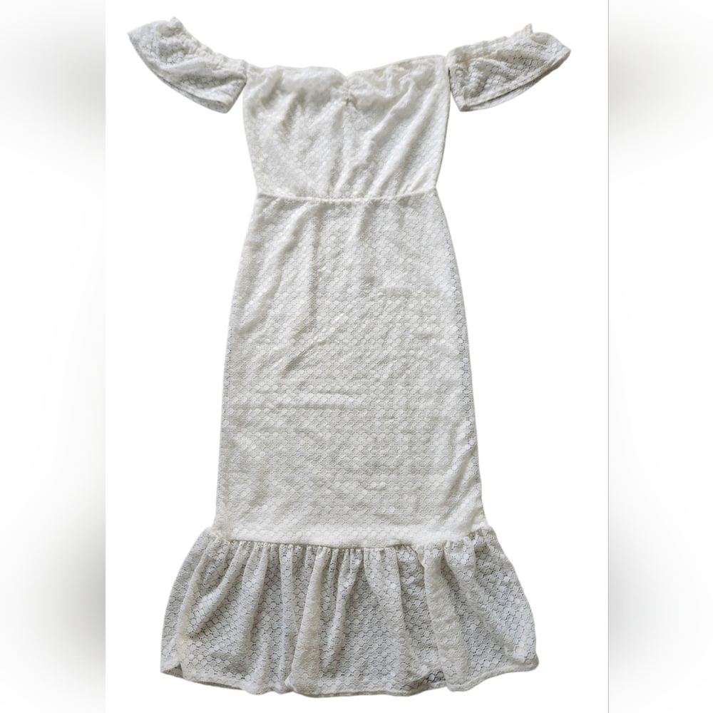 Nightcap Off-The-Shoulder Eyelet Midi Mermaid Dress M Flutter Lace Milkmaid Boho